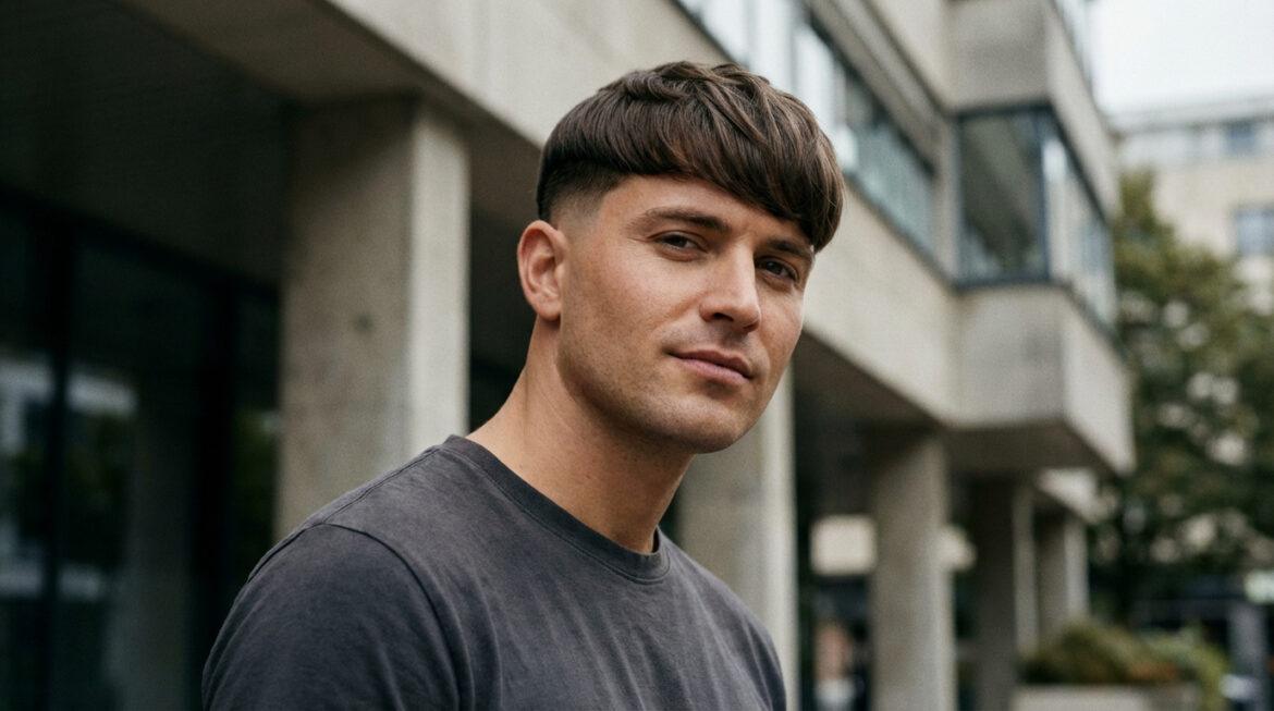 Portrait d'un homme avec une coupe au bol moderne et nette, regardant la caméra. Fond urbain flou.