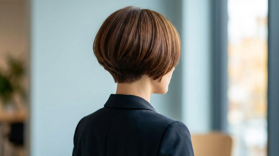Vue de dos d'une femme avec une coupe carré boule dégradée, nuque courte, cheveux châtain. Elle porte un blazer noir.