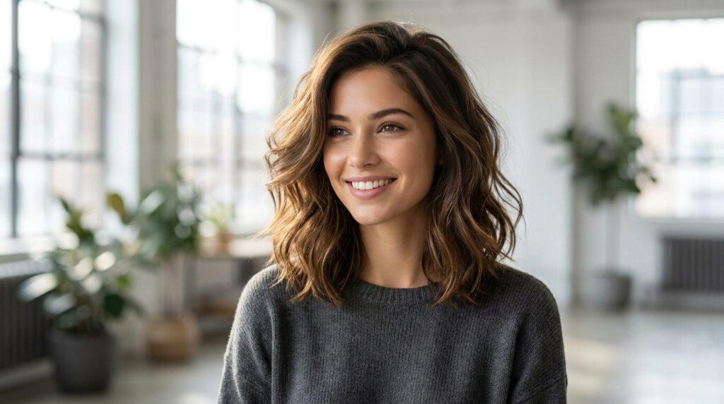 Portrait d'une femme souriante aux cheveux bruns ondulés, coupés en clavicut, devant une fenêtre lumineuse.