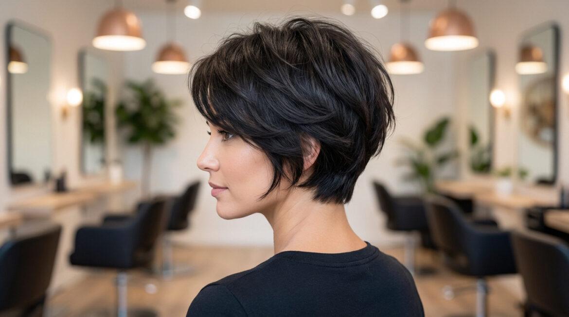 Photo latérale d'une femme aux cheveux courts noirs, dégradés et effilés, avec du volume, dans un salon de coiffure.