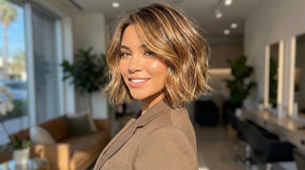 Femme souriante avec un carré court ondulé aux mèches blondes et caramel, dans un salon lumineux.