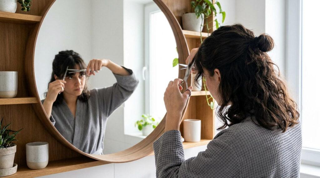 Femme en peignoir gris se coupe la frange devant un miroir rond en bois, reflet montrant son visage concentré.
