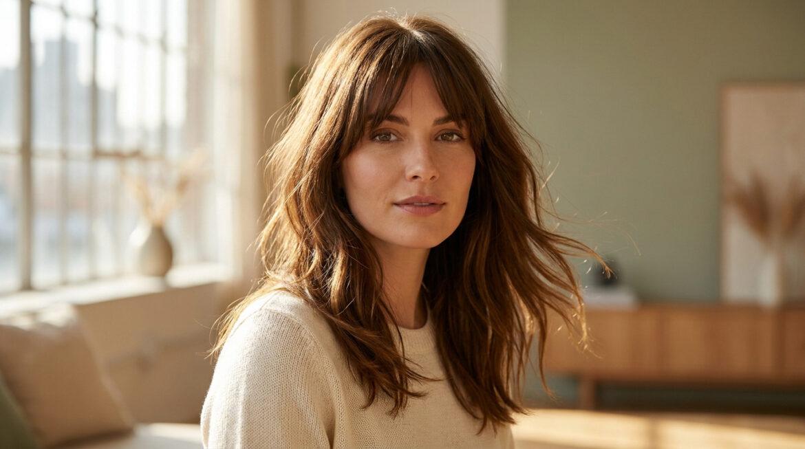 Femme aux cheveux bruns mi-longs et frange rideau. Elle porte un pull clair dans une pièce lumineuse au style naturel et chic.