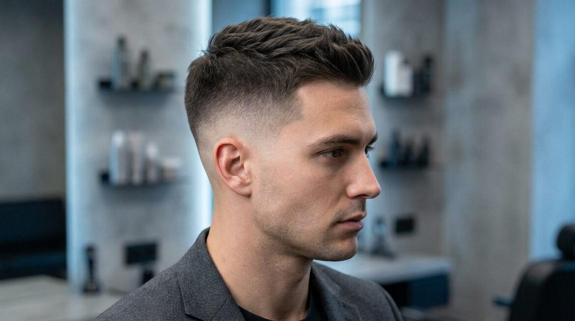 Gros plan sur le profil d'un homme avec une coiffure taper fade bas, montrant un dégradé précis et des cheveux texturés sur le dessus.