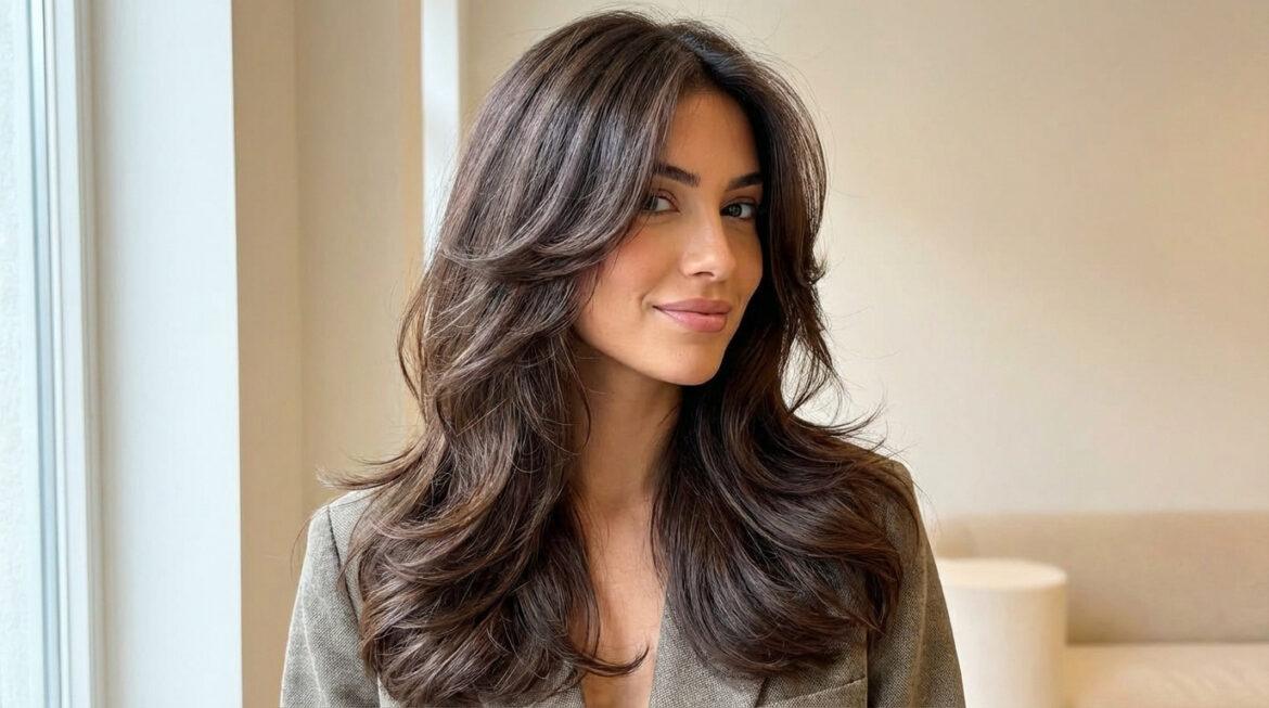 Femme au sourire doux, cheveux châtains mi-longs, coupe papillon volumineuse. Elle porte une veste taupe dans un intérieur lumineux.