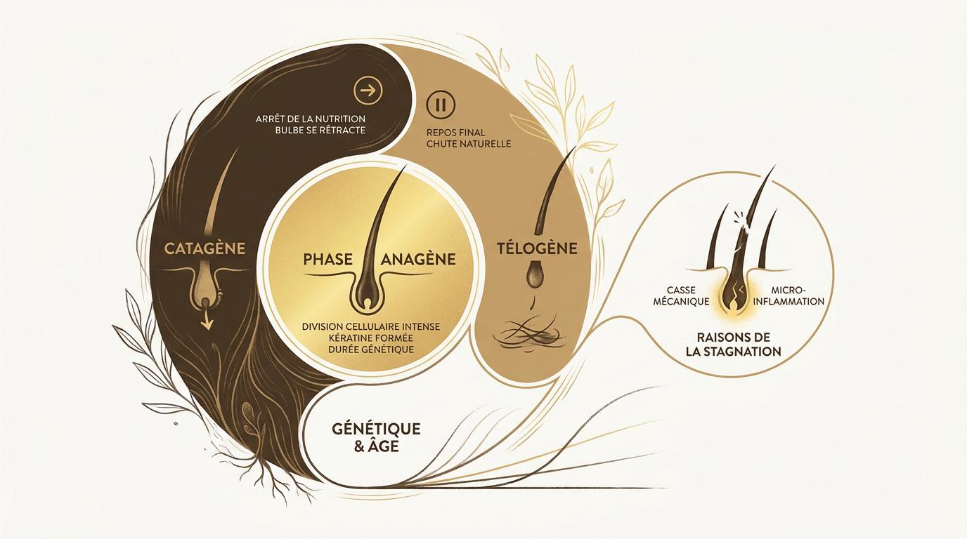 Schéma explicatif du cycle de croissance des cheveux incluant les phases anagène, catagène et télogène