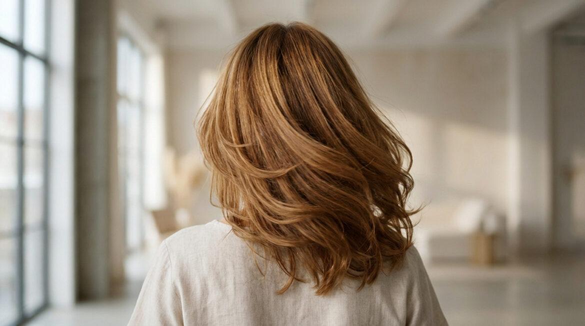 Vue de dos d'une personne aux cheveux châtain clair mi-longs, effilés et ondulés, dans un intérieur lumineux.