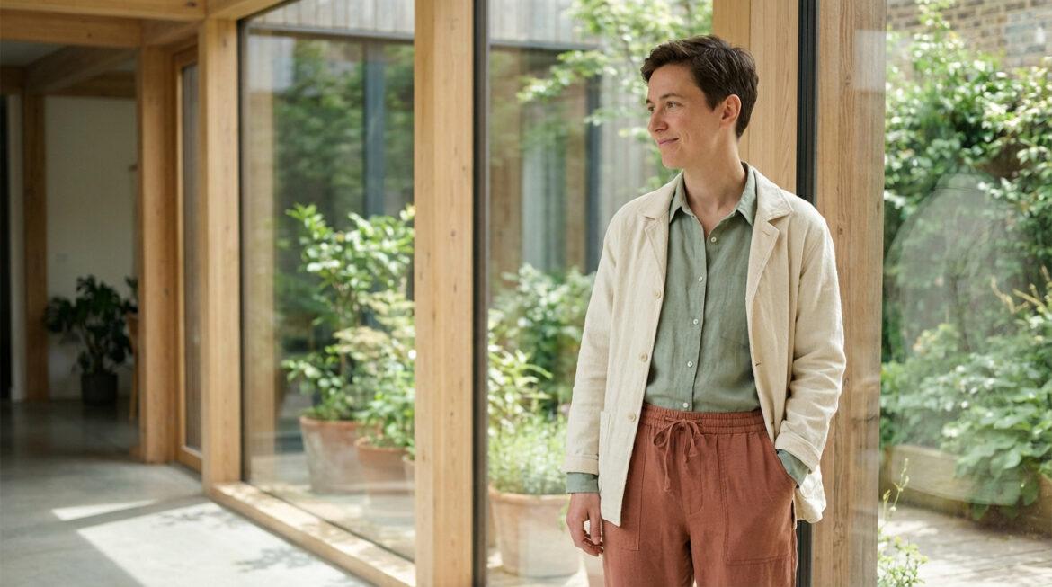 Portrait d'une personne souriante en tenue décontractée en lin (chemise verte, veste beige, pantalon ocre) devant une verrière donnant sur un jardin.