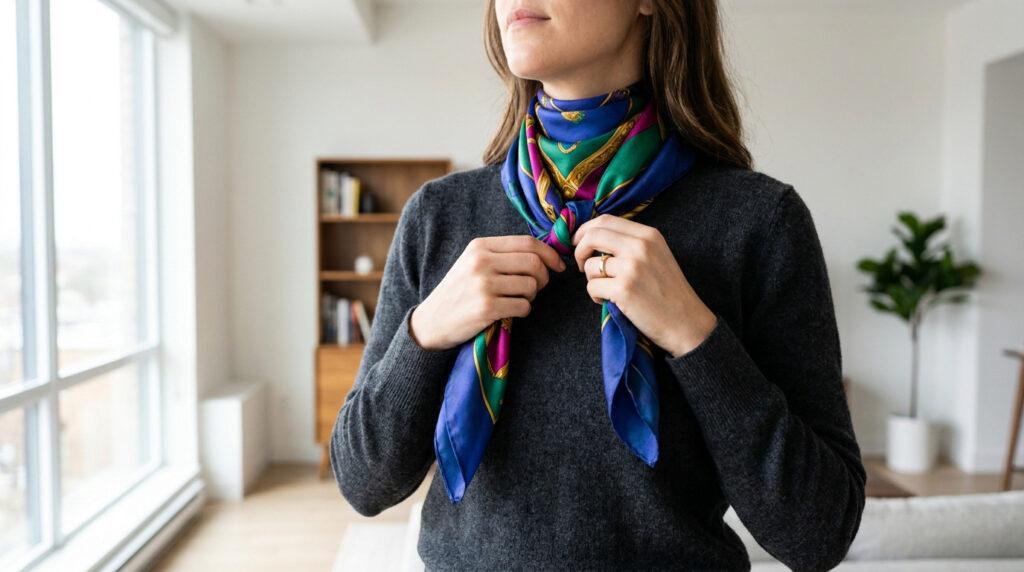 Une femme ajuste un foulard en soie coloré, noué autour de son cou, avec un pull gris foncé. Intérieur lumineux en arrière-plan.