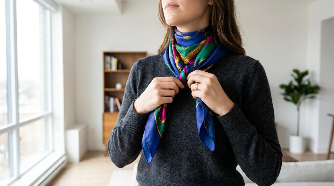 Une femme ajuste un foulard en soie coloré, noué autour de son cou, avec un pull gris foncé. Intérieur lumineux en arrière-plan.
