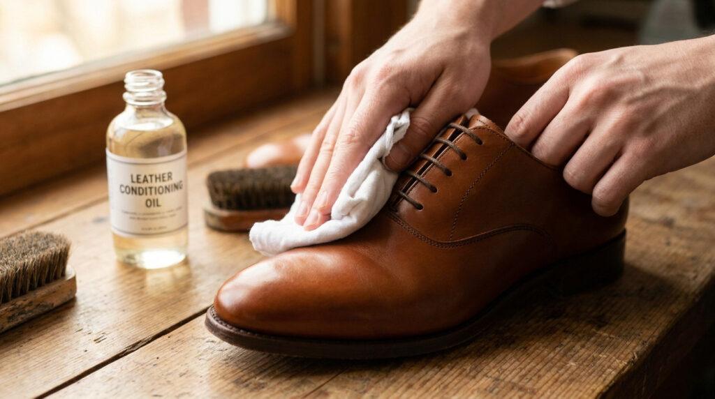 Mains appliquant de l'huile revitalisante sur une chaussure en cuir marron avec un chiffon. Flacon d'huile et brosses.