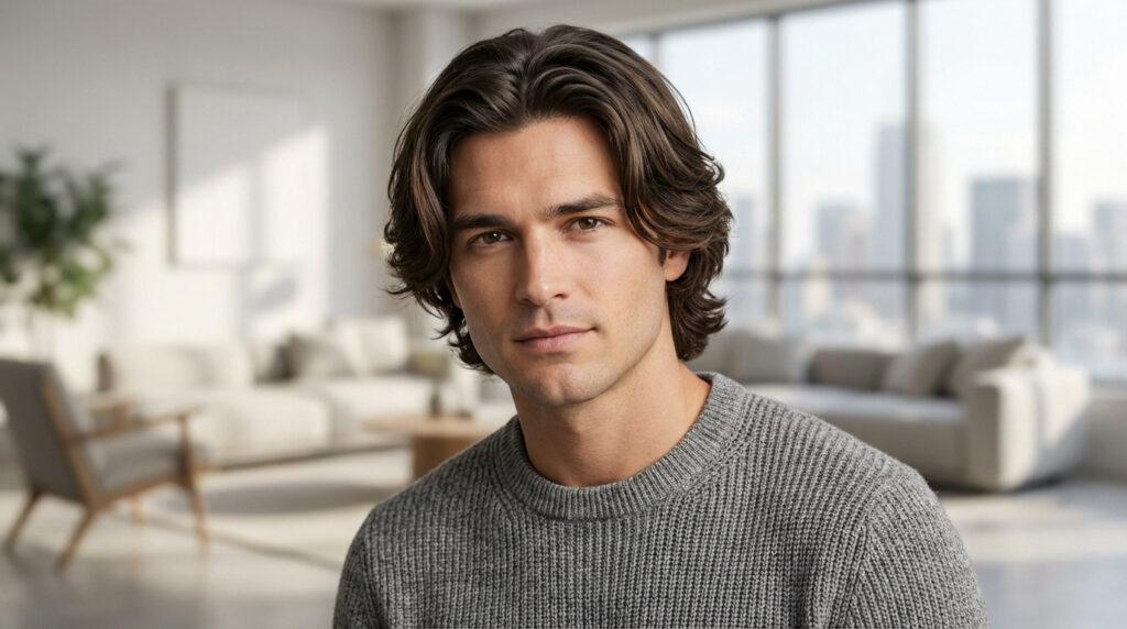 Jeune homme aux cheveux mi-longs châtains, raie au milieu, pull gris, regard direct. Arrière-plan flou d'un intérieur moderne.