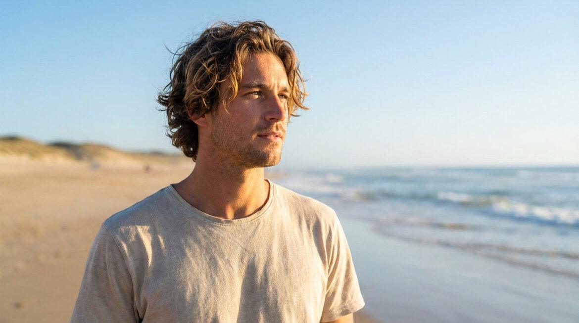 Gros plan sur un homme jeune avec une coupe surfeur, cheveux blonds ondulés, regardant l'océan sur une plage ensoleillée.