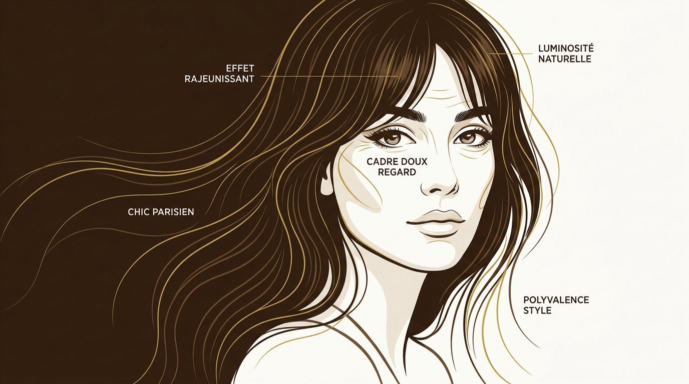 Femme élégante portant une frange longue rideau style parisien