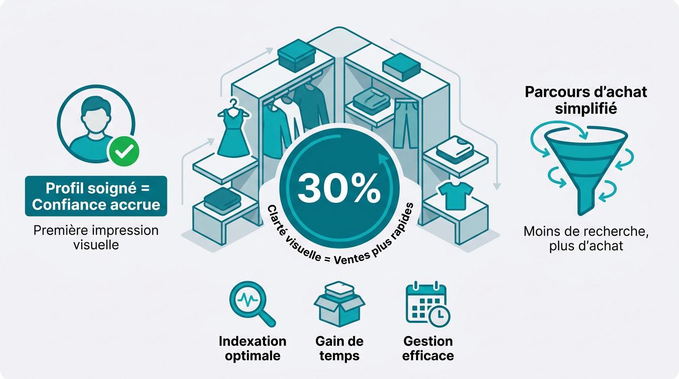 Infographie montrant l'augmentation des ventes de 30 pourcent sur Vinted grâce à l'organisation du dressing