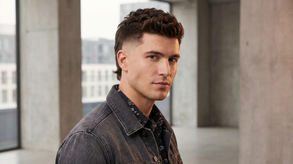 Portrait d'un jeune homme aux cheveux bruns avec un dégradé mulet court et ondulé, veste en jean grise.