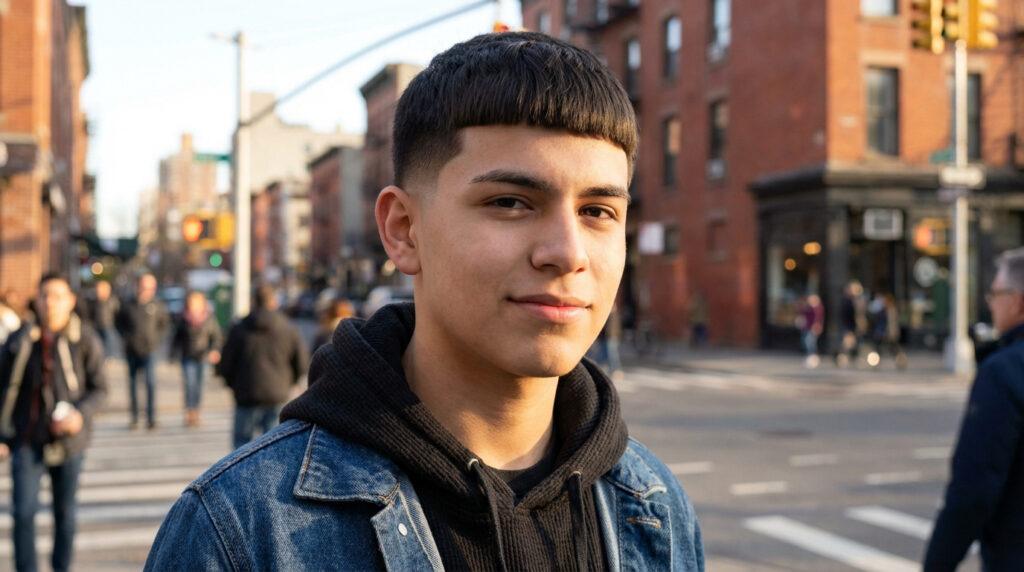 Portrait d'un jeune homme souriant avec une coupe Edgar nette, veste en jean, en pleine rue urbaine animée.