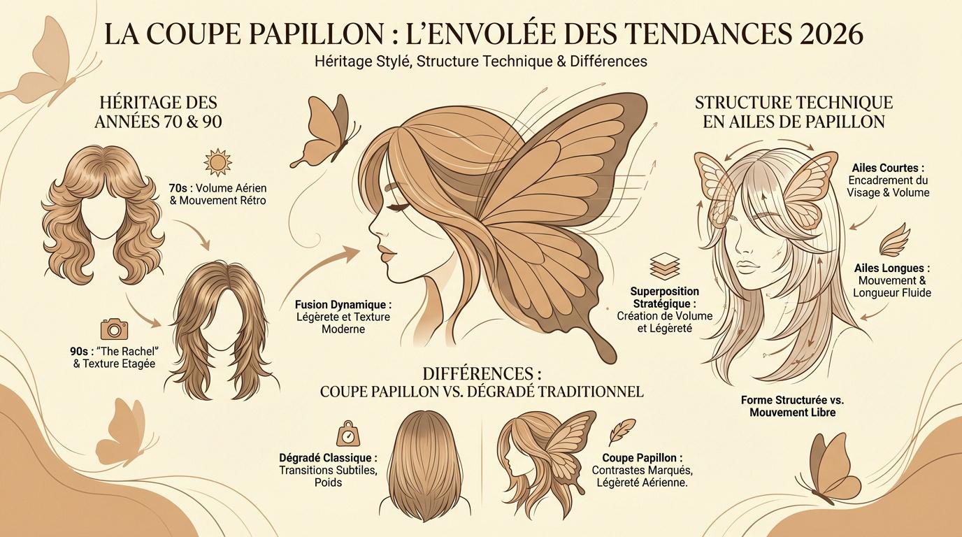 Femme avec une coupe papillon volumineuse et dégradée tendance 2026
