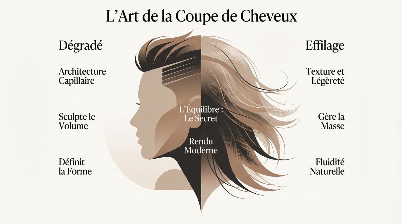 Comparaison technique entre un dégradé structuré et un effilage texturisé sur cheveux courts
