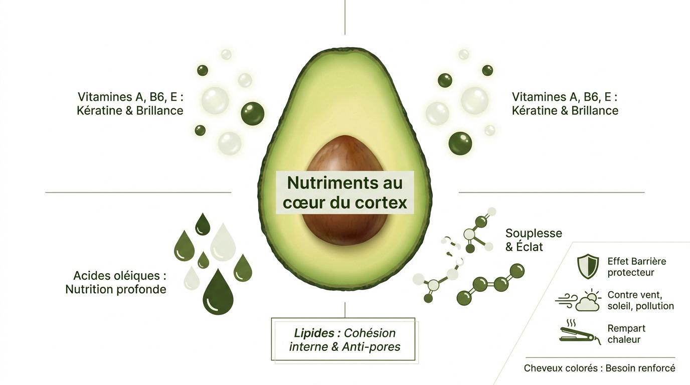 Avocat frais coupé pour préparation d'un masque capillaire naturel