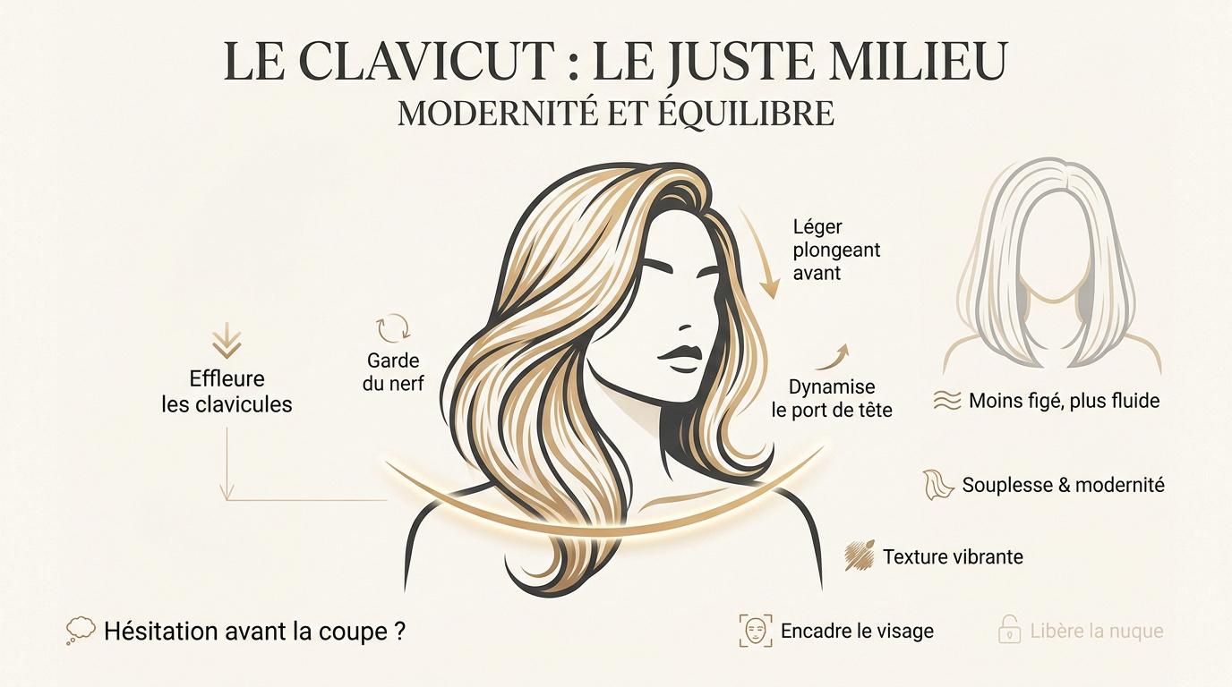 Femme arborant une coupe clavicut moderne s'arrêtant aux clavicules