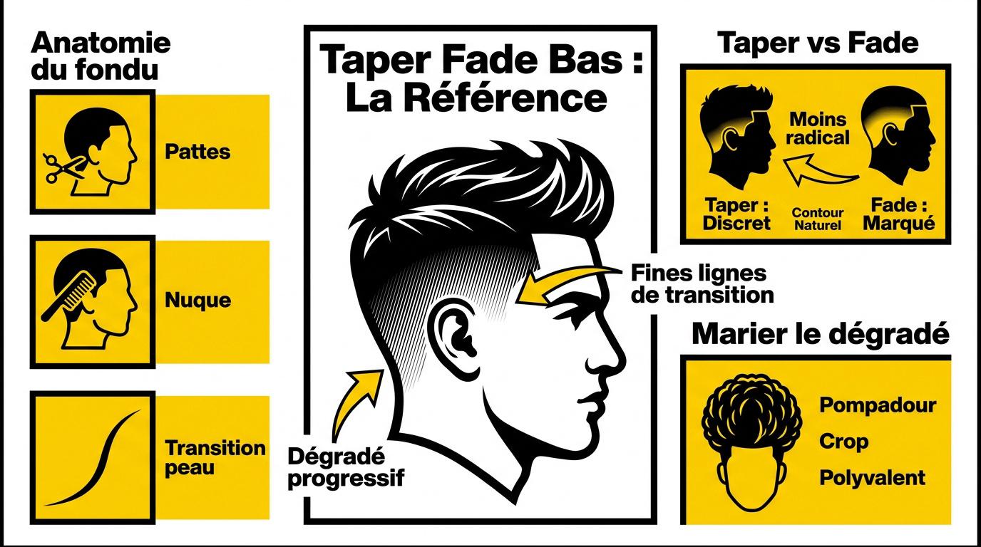 Coupe low taper fade avec dégradé aux tempes