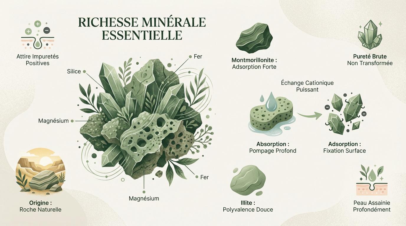 Gros plan sur de la poudre d'argile verte fine et naturelle