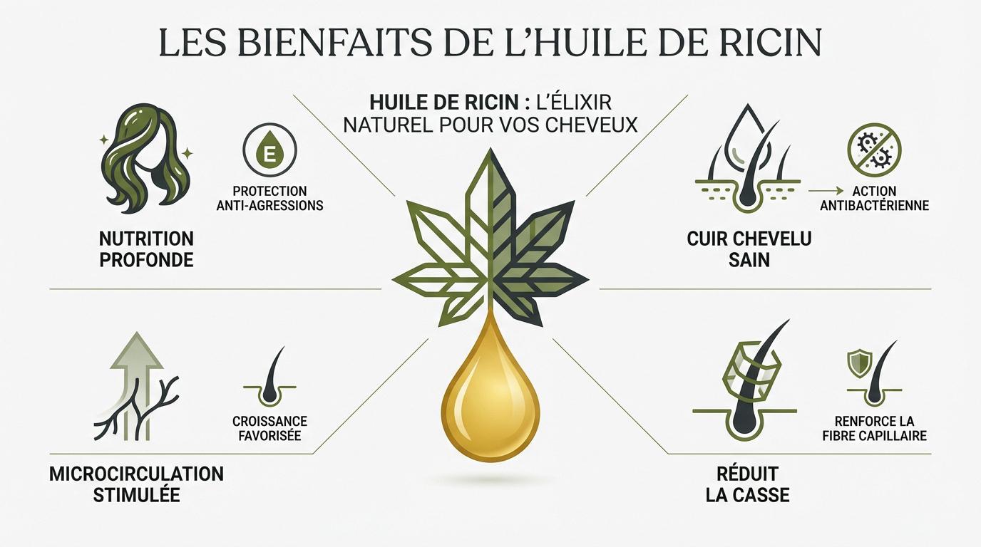 Flacon d'huile de ricin et soins capillaires naturels