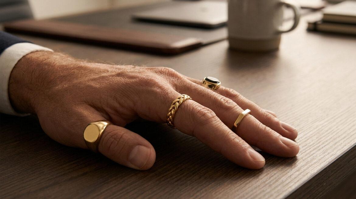 Main d'homme portant quatre bagues en or (chevalière, tressée, onyx, simple) sur un bureau en bois. Contexte professionnel.