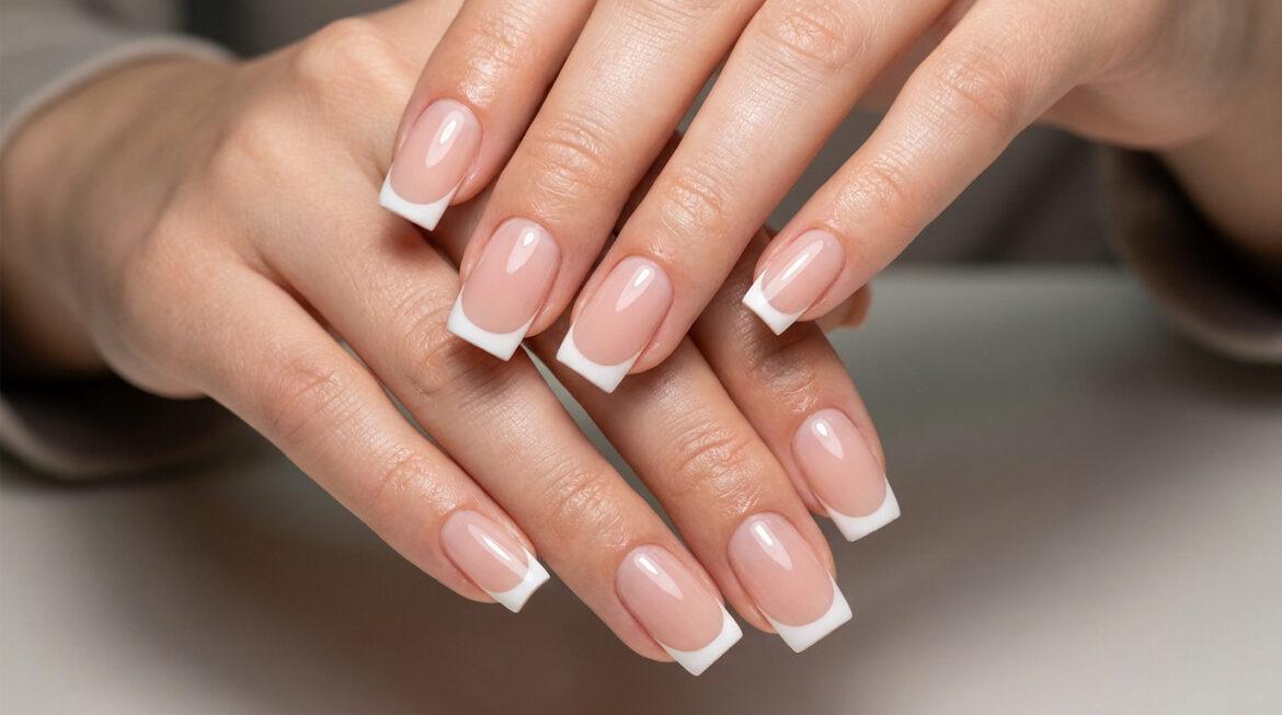 Gros plan sur deux mains présentant une manucure française carrée impeccable avec des ongles roses naturels et des pointes blanches.