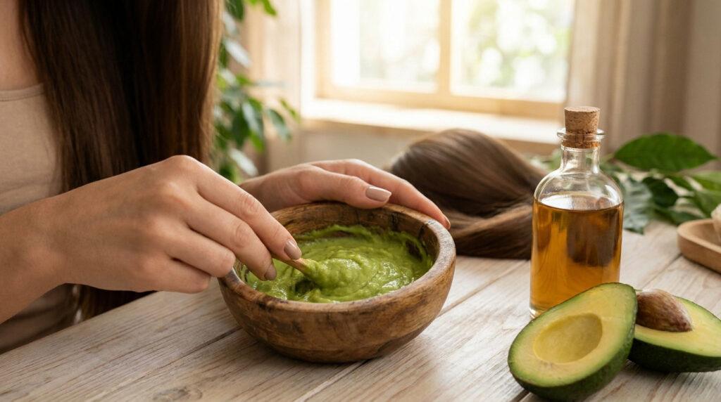 Mains mélangeant un masque capillaire à l'avocat dans un bol en bois, avec une bouteille d'huile et des avocats frais sur la table.