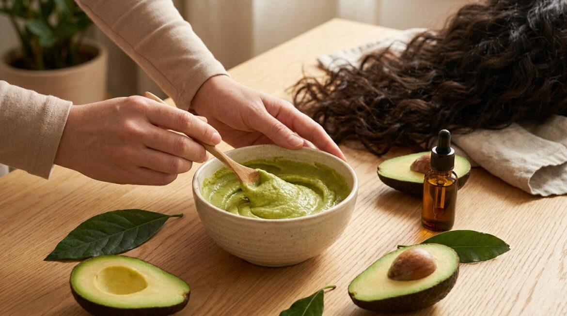 Mains mélangeant un masque capillaire à l'avocat dans un bol. Avocats, huile, feuilles et cheveux foncés sont sur la table.