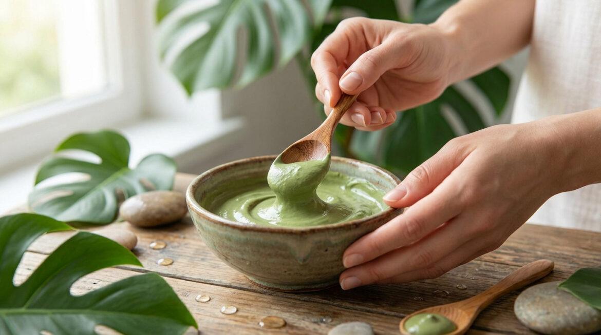 Mains mélangeant de l'argile verte dans un bol avec une cuillère en bois, entouré de feuilles de monstera pour un soin naturel.