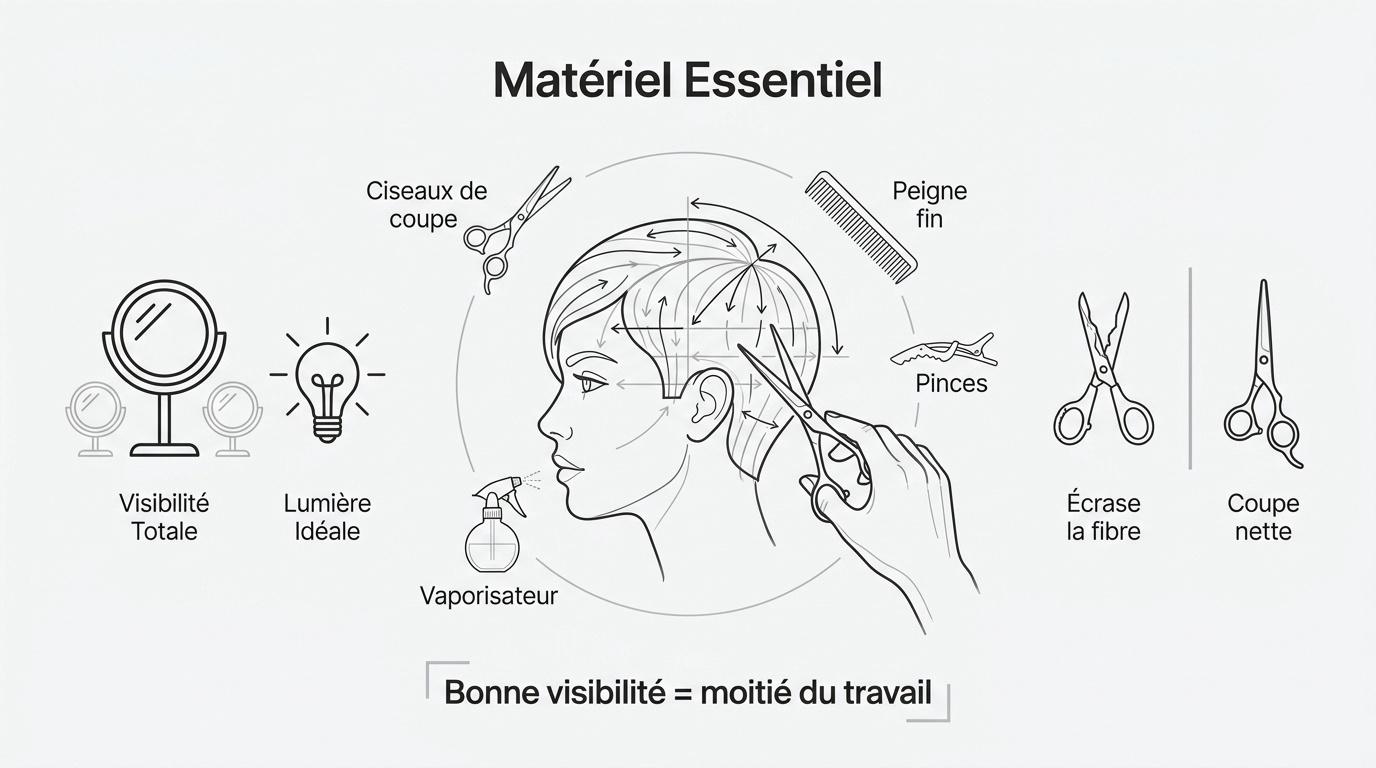 Matériel indispensable pour se couper les cheveux soi-même incluant ciseaux de coiffure et peigne