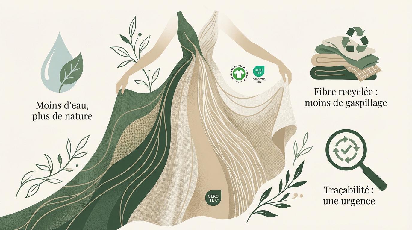 Illustration de la mode éthique en 2026 axée sur le recyclage et la transparence naturelle