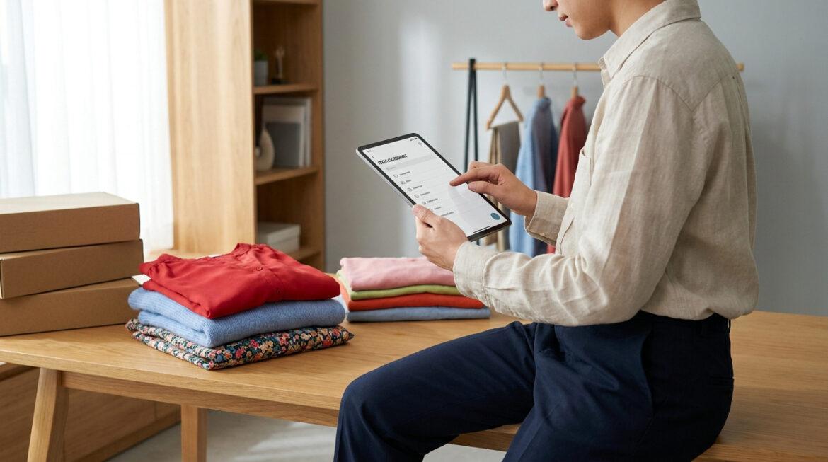 Personne classant des piles de vêtements colorés sur une tablette pour les vendre en ligne, avec des cartons d'expédition sur une table en bois.
