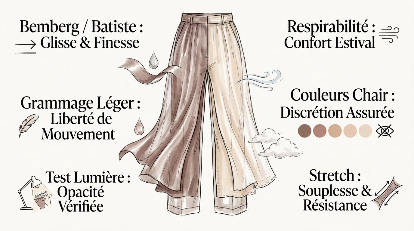 Sélection de tissus de doublure pour pantalon transparent incluant le Bemberg et la batiste de coton
