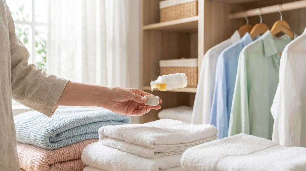 Main versant un parfum liquide jaune d'une bouteille dans un doseur, près de linge propre plié dans un placard organisé.