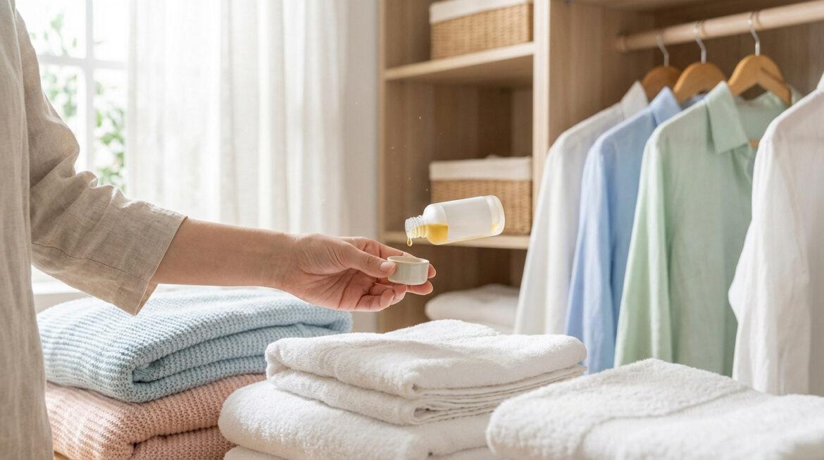 Main versant un parfum liquide jaune d'une bouteille dans un doseur, près de linge propre plié dans un placard organisé.