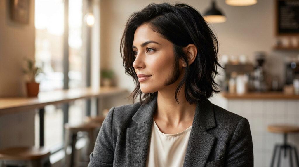 Portrait d'une femme aux cheveux foncés et rouflaquettes distinctes, vêtue d'un blazer, assise dans un café lumineux.