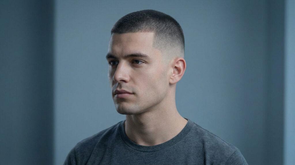 Portrait d'un jeune homme avec un buzz cut dégradé bas et des contours nets, sur un fond bleu-gris uni.