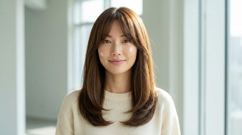 Femme souriante aux cheveux bruns lisses et frange rideau, portant un pull clair, fond lumineux.