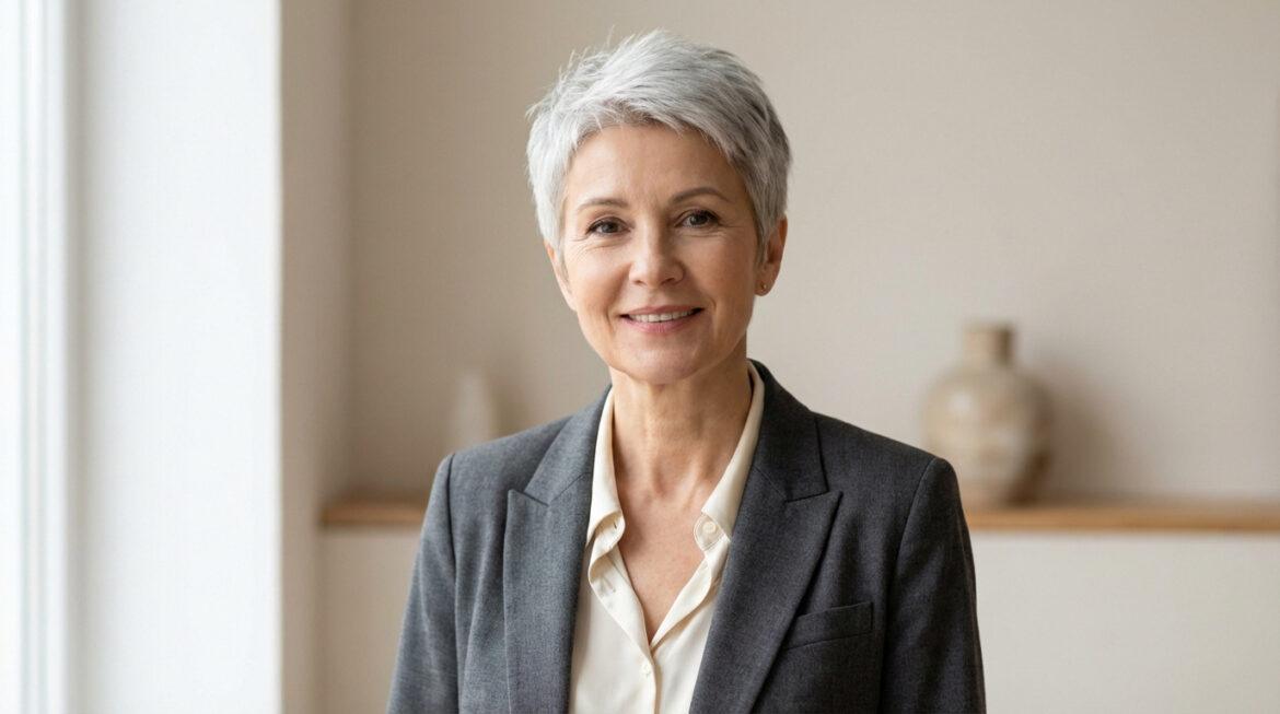 Portrait d'une femme d'âge mûr souriante avec une coupe courte et des cheveux gris. Elle porte un blazer anthracite et une chemise claire.
