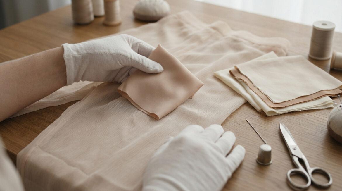 Mains gantées tenant un échantillon de tissu opaque nude sur un tissu transparent. Outils de couture et autres tissus sont sur une table en bois.