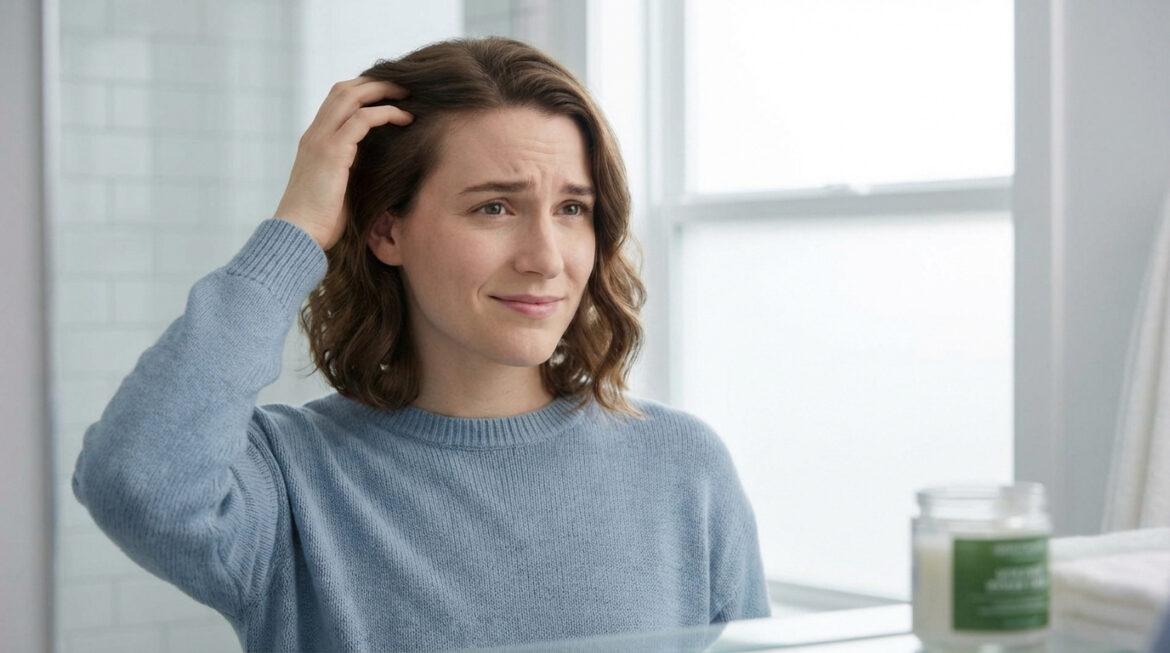 Une femme fronce les sourcils en touchant son cuir chevelu, l'air préoccupé, peut-être à cause de démangeaisons ou de boutons.