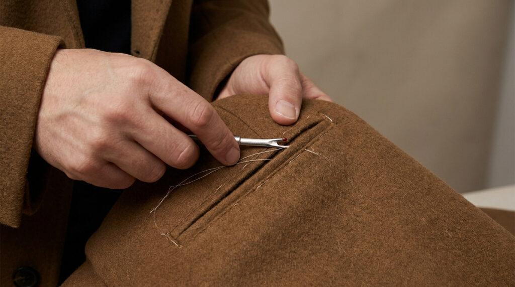 Gros plan sur des mains utilisant un découseur pour ouvrir la poche d'un manteau marron, révélant les fils de couture.