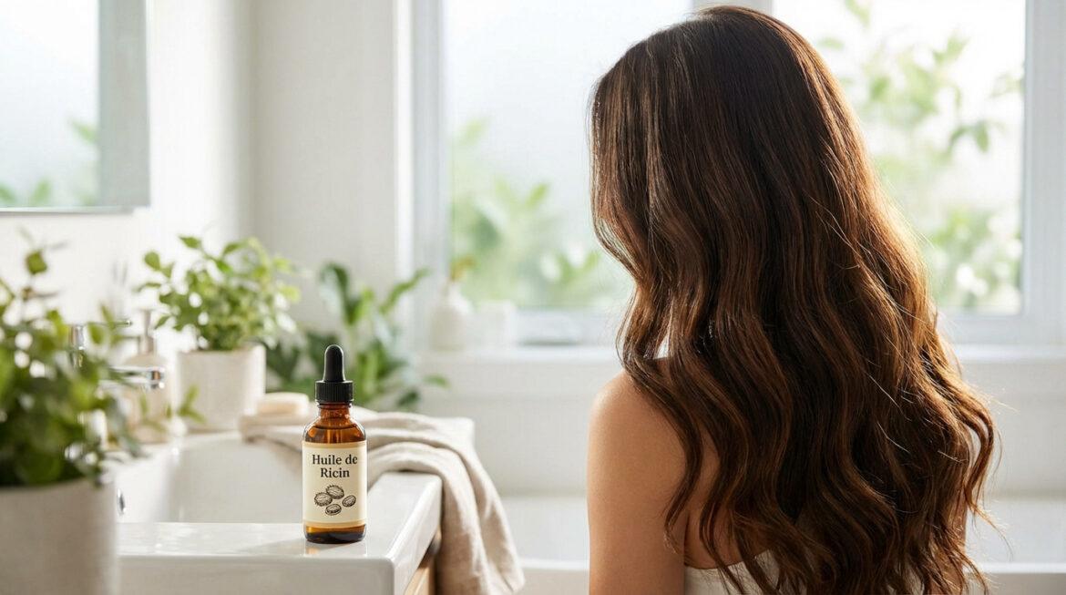 Femme aux longs cheveux bruns ondulés de dos dans une salle de bain, avec une bouteille d'huile de ricin pour la pousse.