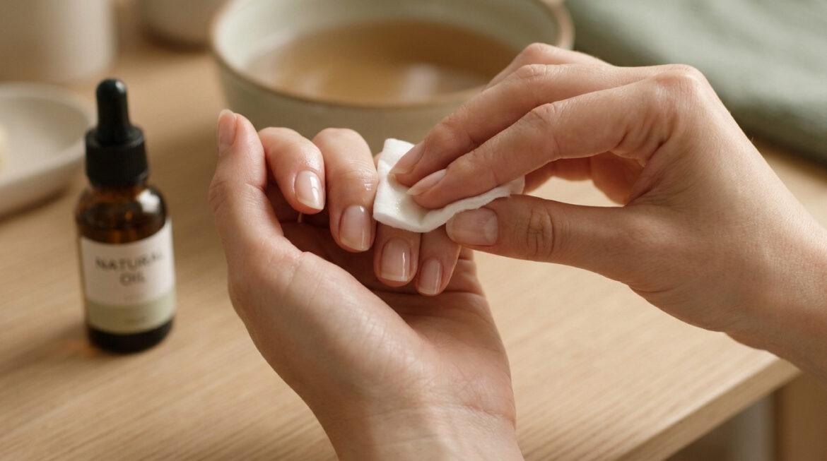 Gros plan sur des mains utilisant un coton imbibé sur les ongles. Huile naturelle et bol d'eau à l'arrière.
