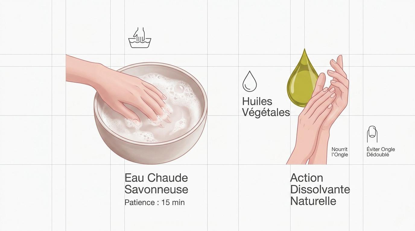 Trempage des mains dans un bol d'eau chaude et huiles végétales