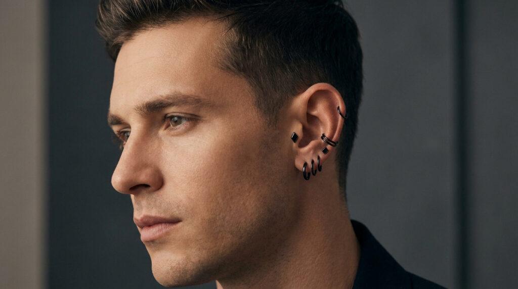 Profil d'un homme portant de multiples boucles d'oreilles noires: anneaux aux lobes, un clou losange et des anneaux à l'hélix.